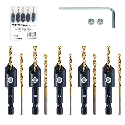 toolant Countersink Drill Bit Set,5Pcs #12 Counter Sink Drill Bit Set for Wood, High-Speed Steel 5 Spare Bits Adjustable for Woodworking and Carpentry, Pilot Screw Hole Set