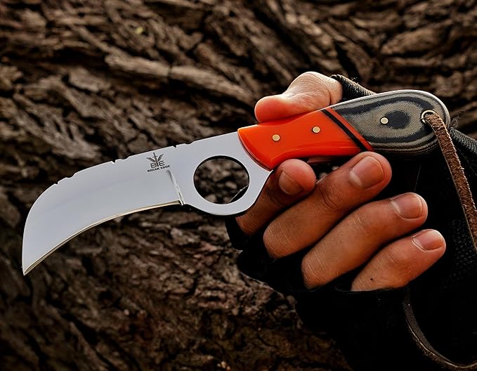 Handmade Stainless Steel Lineman’s Hawkbill knife with Leather sheath, Heavy Duty Utility Knife blade Electrician Wire Skinning knife for professional.