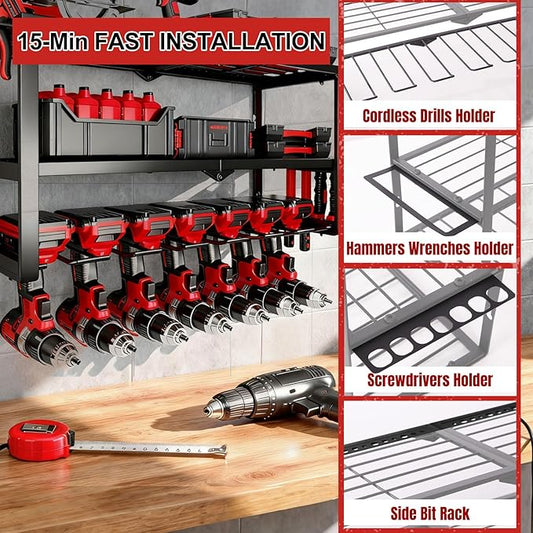 Power Tool Organizer Wall Mount, 7 Cordless Drill Holder Tool Storage Rack, 150LBS Load 3 Layer Heavy Duty Utility Racks Tool Battery Organizer for Workshop,Pegboard,Garage,Shed