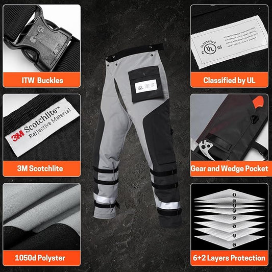 Technical Wrap Chainsaw Chaps by UL Class A 8 Layers Chainsaw Pants Apron Style Black Gray