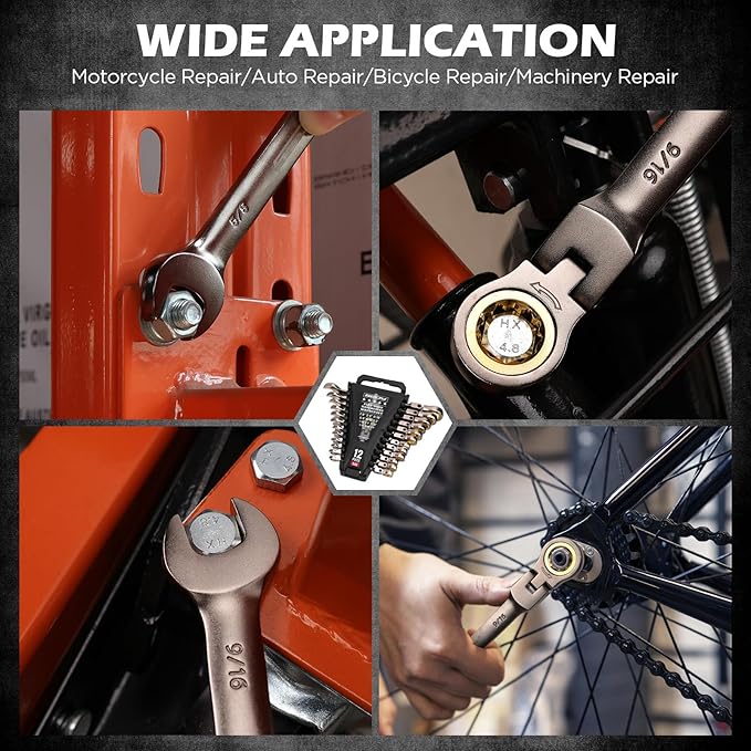 SEDY Premium 12-Piece SAE Flex-Head Ratchet Wrenches Set 1/4"-7/8" with Magnetic Organizer, Cr-V Steel Ratcheting Wrench Set with 72 Teeth 180째 Flex Head, Ratchet Combination Wrench Set for Repair