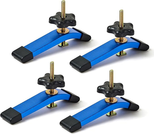 HOTTARGET Aluminum T-track Hold Down Clamps,6-3/8"L x 1-1/4"Width-Woodworking and Clamps - High Strength Aluminum Alloy 6063 - Fine Sandblast Anodized - Blue Color (T-track Hold Down Clamps 4pk)