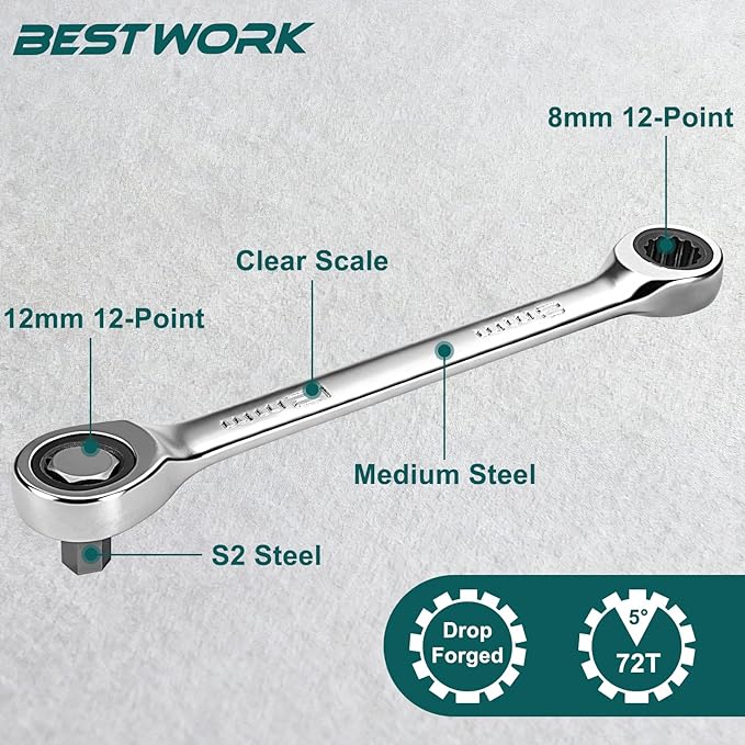 22-Piece Mini Ratchet Wrench Screwdriver Bit Set, 72 Tooth 12mm & 8mm Double Box End Ratcheting Wrench with Low Profile Insert Bits (Hex & Torx) for Tight Space