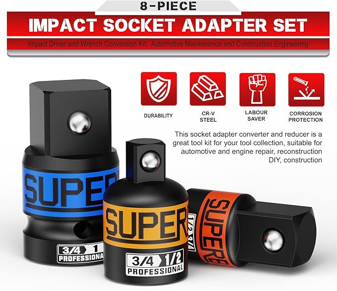 8-Piece Impact Socket Adapter Set, 1/4", 3/8", 1/2", 3/4", 1" Socket Converter and Reducer, Impact Driver and Wrench Conversion Kit, Automotive Maintenance and Construction Engineering