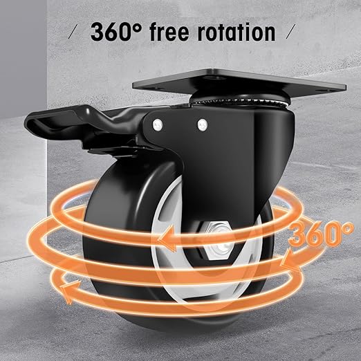 Casters, 3" Caster Wheels竊똂asters Set of 4 Heavy Duty - ASRINIEY Black Polyurethane Castors, Top Plate Swivel Wheels, 4-Pack Industrial Casters with Brake, Locking Casters for Furniture and Workbench