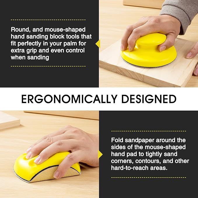 5 Inch Hand Sanding Block Hook and Loop Sanding Block 2 PCS Round and Mouse Hand Sanding Blocks Foam Sanding Blocks Auto Body Hand Sanders for Wood Mouse Sanding Pad Sandpaper Holder