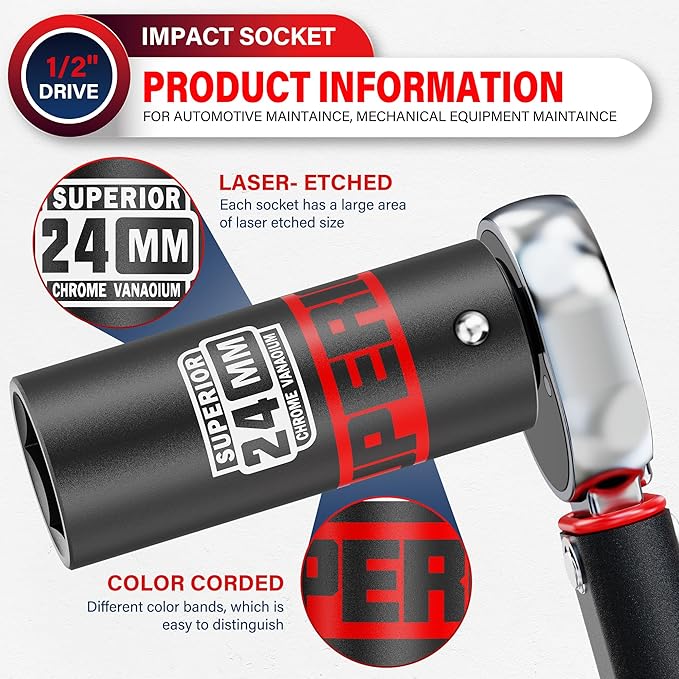 1/2" Drive Impact Socket, 24 mm Deep Socket, Metric, 6 Point, CR-V, for Automotive Maintaince, Mechanical Equipment Maintaince