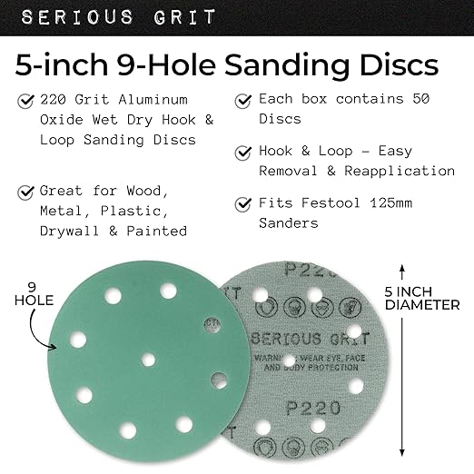 Serious Grit - 5-Inch 9-Hole 220 Grit Sanding Discs - Heavy-Duty Hook & Loop Film Discs - Sandpaper for Random Orbital Sanders - 50 Pack Box