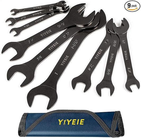 YIYEIE 9Pc. Super Thin Wrench Set, SAE 1/4" to 1-1/16", Nickel Plating, CR-V Steel, Ultra-Slim Open End Wrench Set with Rolling Pouch
