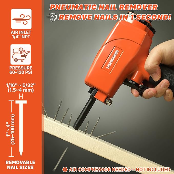 EASEWORK TOOL Pneumatic Nail Remover, Heavy Duty Professional Air Punch Nailer/Nail Remover Tool/Nail Puller, Fast & Labor-Saving Denailer Air Gun Removes 9??6 Gauge Nails for Wood Workpieces, Pallets