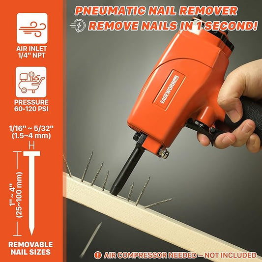 EASEWORK TOOL Pneumatic Nail Remover, Heavy Duty Professional Air Punch Nailer/Nail Remover Tool/Nail Puller, Fast & Labor-Saving Denailer Air Gun Removes 9??6 Gauge Nails for Wood Workpieces, Pallets