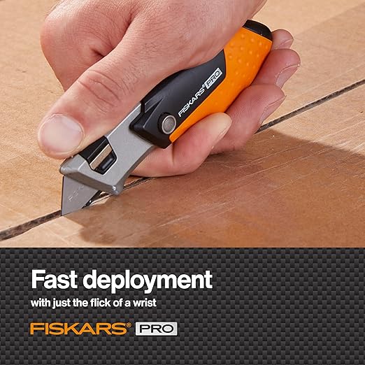 Fiskars Pro Folding Utility Knife, CarbonMax Blade with Safe Blade Lock and Pocket Clip, Compact Dual-Lock All-Metal Design, Everyday Carry