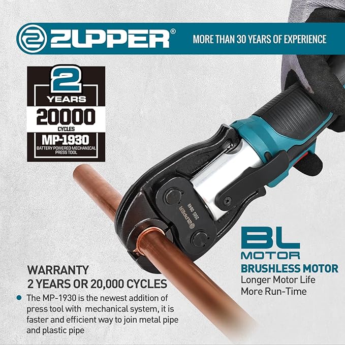 ZUPPER Mini Pro Press Tool kit with 3 Copper Pro Press Jaws 1/2", 3/4", 1", Brushless Motor, 2pcs Battery, Fast Charger & Carrying Case