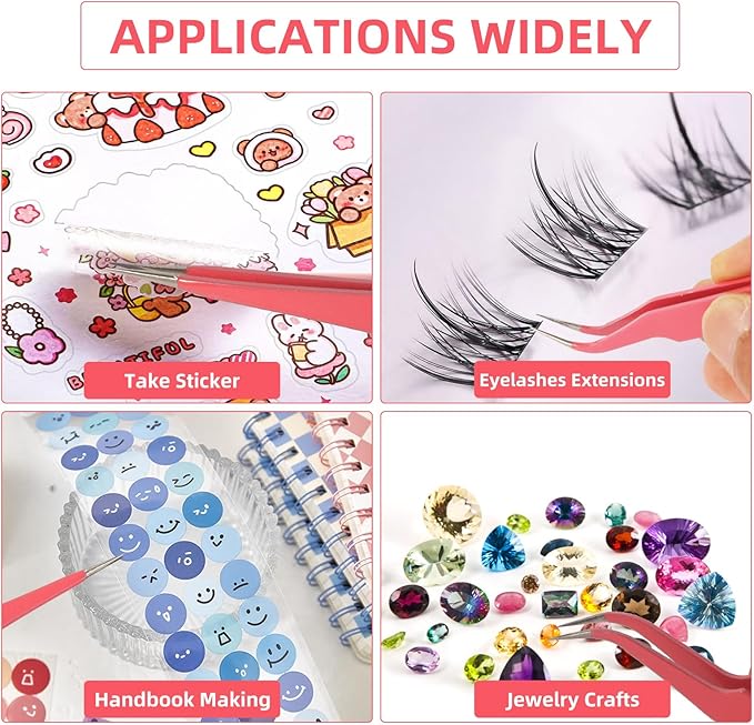 FEITA Pink Precision Craft Tweezers Set, Upgraded Stainless Steel Pointy, Curved, Falt Twizers for Crafting, Bead, Sticker, Jewelry-Making, Hobby Tools