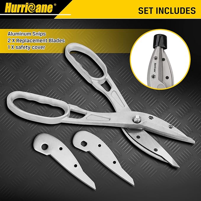 HURRICANE 12 Inch Aluminum Tin Snips with Replaceable Blades. Straight Cut Metal Shears for HVAC, Sheet Metal & Vinyl Siding. Lightweight Aluminum Metal Cutter with Large Glove-Friendly Handles