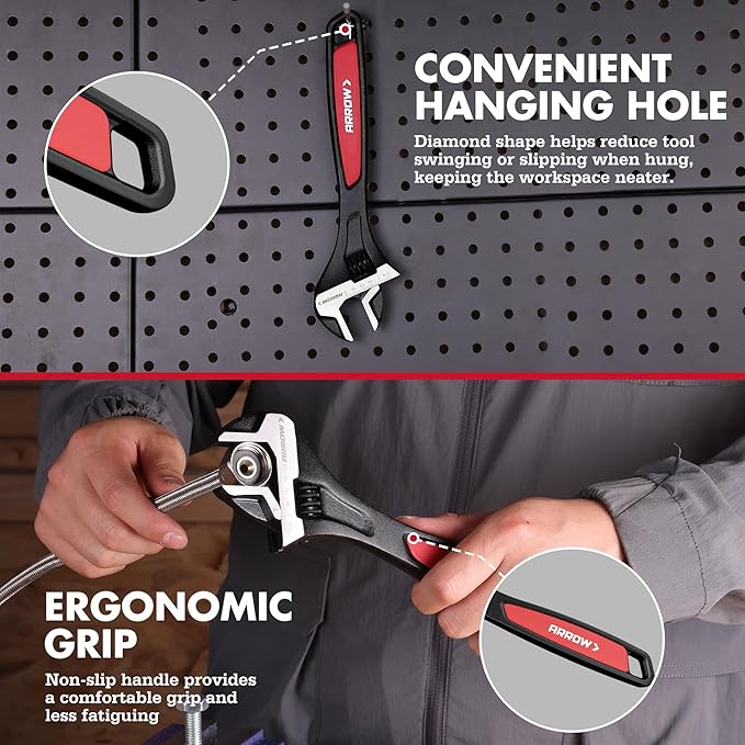 ARROW 2 PCS Adjustable Wrench Set, 8-Inch & 10-Inch Wrenches, Cr-V Steel, Wide Jaw Black Oxide Wrench with Inch/Metric Laser Scales, Non-Slip Grip & Hanging Hole, for Home, Garage, Workshop and DIY