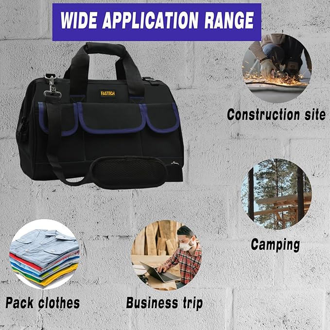 FASTECH 20 Inch Tool Bag, Waterproof Wide Mouth Tool Kit, Heavy Duty Tool Bag Organizer With Shoulder Straps, Tool Storage Package For Men/Women (20IN DarkBlue)