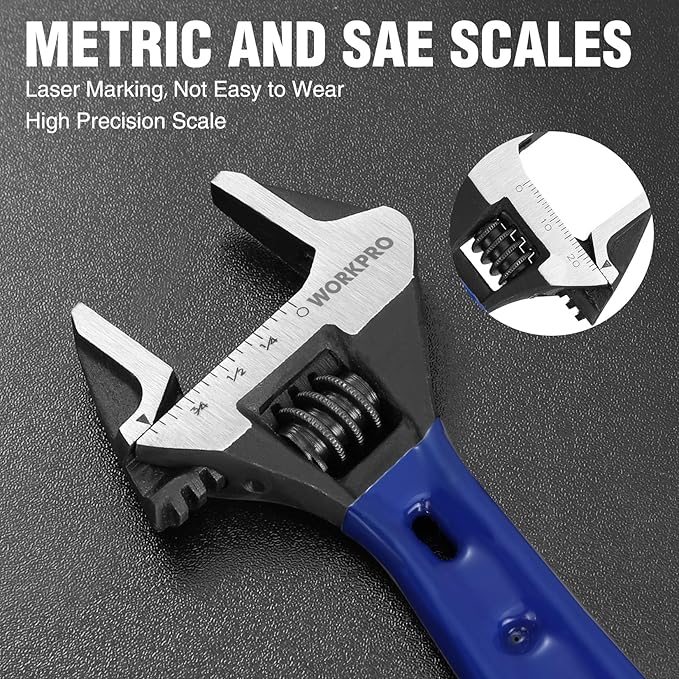 WORKPRO 4-Inch Stubby Adjustable Wrench, 0.94-Inch Extra Wide Jaw Opening Wrench, Metric/SAE Scales, Cr-V Steel, Ideal for Work in Confined Spaces