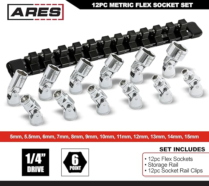 ARES 39009-12-Piece 1/4-Inch Drive Metric Flex Socket Set - 6 Point Sockets Constructed From Premium Heat Treated Chrome Vanadium Steel - Storage Rail Included