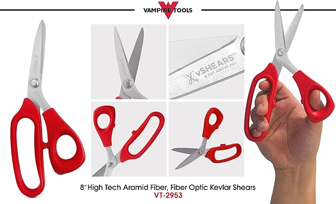 VAMPLIERS 8" Fiber Optic Kevlar Scissors Industrial Grade Carbon Steel Shears - Cuts Kevlar, Dyneema, Spectra, Vectran, Dacron, Nomex, Technora, Innegra, Carbon Fiber, Fiberglass
