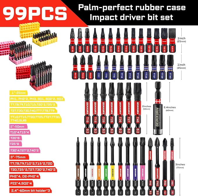 Impact Screwdriver Bits Set, 99 Pieces 1??2?쒶ulti Head Magnetic S2 Steel Driver Bits PH/SQ/Torx/Slotted/Pozi/Security Torx With Soft Base