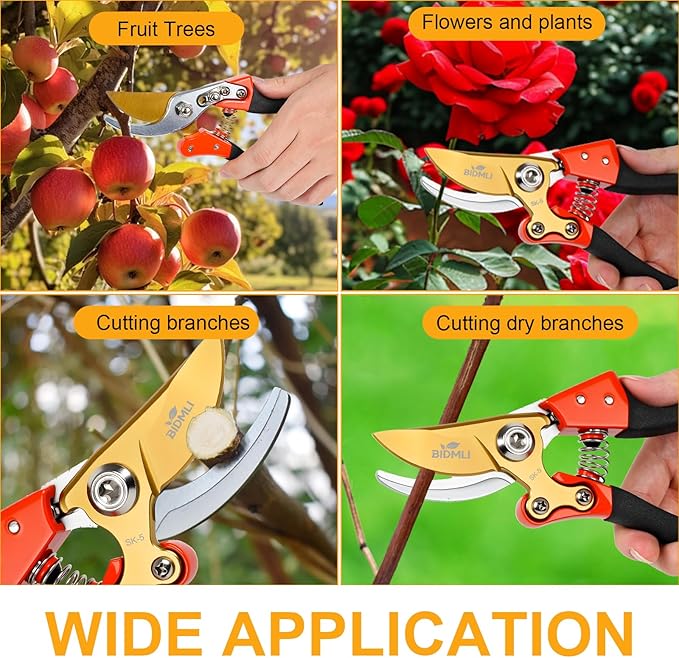 Heavy Duty Pruning Shears竊똆arden Scissors & Clippers with Red-BIDMLI 8.66" SK5 Steel Blades & Aluminum Alloy Handles, Tree Branch Cutter, Ideal for Thick Branches, Dry Twigs, Flower Pruning Tool.