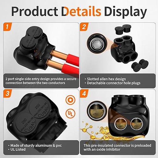 Joinfworld 2 Port Insulated Multi Tap Connector 250MCM-6 Gauge Wire Connectors Single Side Entry Aluminum to Copper Wire Connectors UL Listed with Slotted Allen Hex - 6 Pack