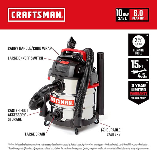 CRAFTSMAN CMXEVBE17155 10 Gallon 6.0 Peak HP Stainless Steel Wet Dry Vac, Portable Shop Vacuum Wet and Dry with Filter, Dust Bags, Hose and Attachments for Home and Garage Use