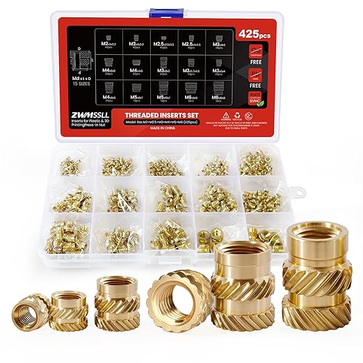 Threaded Inserts for Plastic,M3+M2+M2.5+M4+M5+M6 Heat Set Insert,425Pcs Metric Knurled Brass Nuts Assortment Kit,for 3D Printing