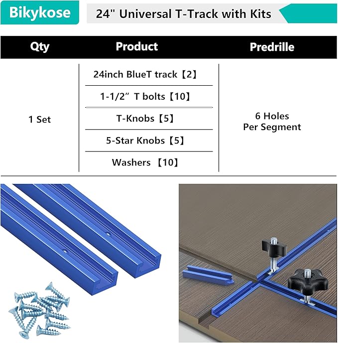 2 pack 24" T-Track with 20pcs T-Track Knob Kit for Woodworking with Screws, Aluminum Alloy Woodworking Tools Double Cut Profile Universal T-Tracks with Predrilled Mounting Holes anodized blue
