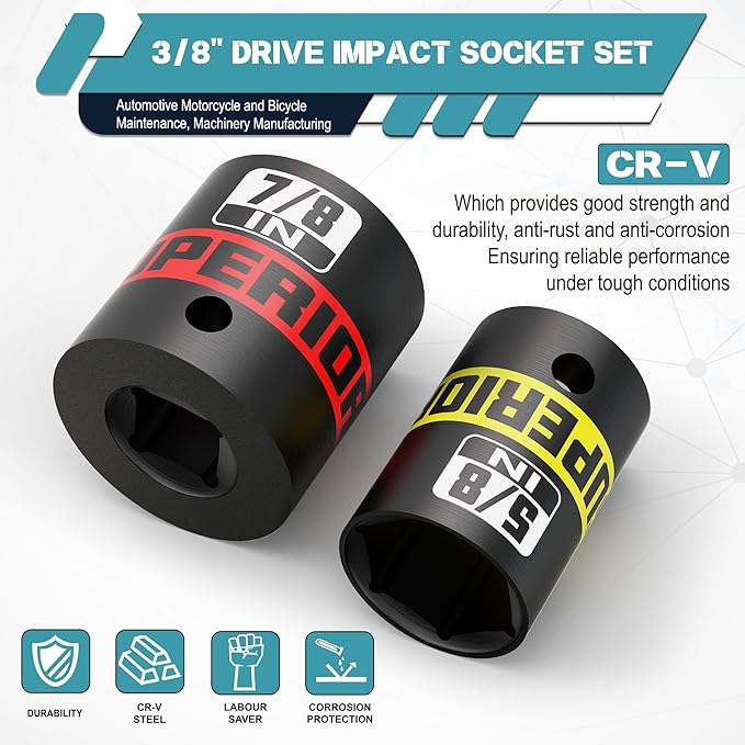 12 Piece 3/8" Drive Impact Socket Set, 5/16??to 1??Shallow Socket, SAE, 6 Point, CR-V, Automotive Motorcycle and Bicycle Maintenance, Machinery Manufacturing