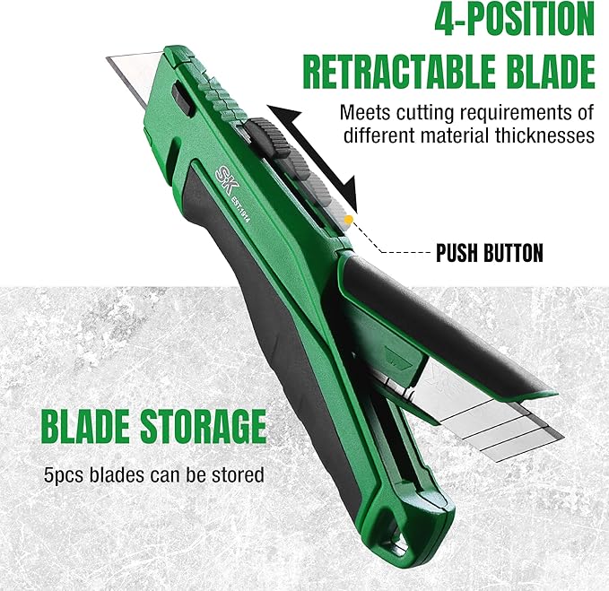 SK Retractable Utility Knife with Additional Wire Cutter, Quick Change Box Cutter, Heavy Duty Zinc Alloy, Blade Storage in Handle, Extra 4 SK2M Blades Included