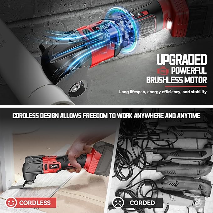 Cordless Oscillating Tool Compatible with Milwaukee 18V Battery, 6 Variable Speed Brushless-Motor Tool, Oscillating multi tool kit for Cutting Wood Nails Remove Grout & Sanding(Not Battery)