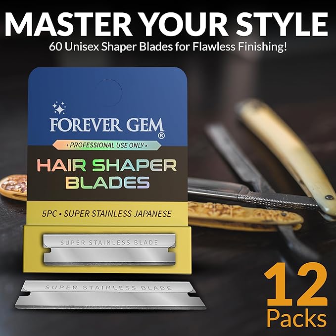 Japanese Stainless Steel Hair Shaper Blades | 60-Count Polymer Shaving Blades | Facial Hair & Eyebrow Trimmer for Men & Women | 12 Packs of 5, Silver