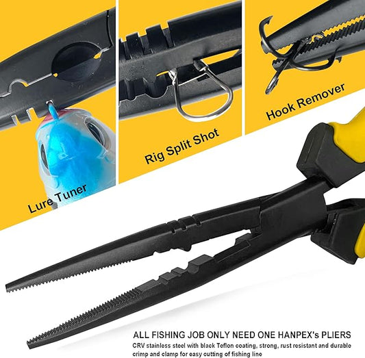 Hanpex-9 inch Fishing Pliers with Anti-rust Teflon coated, Freshwater/Saltwater Fishing Tools, Comfort Grip Handles Fishing Gear Idea for Fishing Trip
