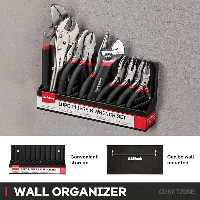 10PC Pliers and Wrench Set with Storage Rack ??Includes Locking | Long Nose | Diagonal Cutter | Groove Joint | Linesman & Mini Plier, Carbon Steel Tool Kit for DIY and Home a Gift for Man