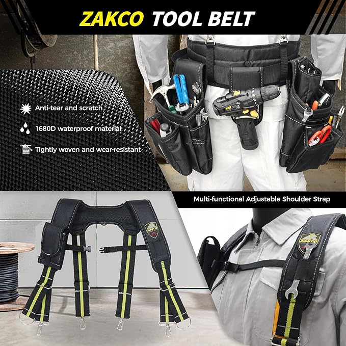 ZAKCO Professional 1680D Polyester Tool Belt with Suspender, Strudy Tool Belt for Carpenters, Framers, Electricians, Plumbers, Hanyman & DIY (Black, Full Size)