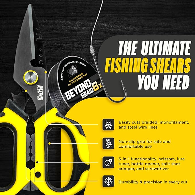 Beyond Fishing OmniPro Shears ??6.5??Multi-Function Fishing Scissors with Titanium-Coated Blades ??Cuts Braided Line, Monofilament, Fluorocarbon & Steel Wire ??Fishing Tool with Sheath