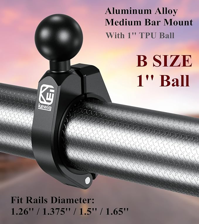 BRCOVAN 1'' Ball Medium Bar Mount, Aluminum Alloy Clamp Base, Fit for Round Rails 1.26'' / 1.375'' / 1.5'' / 1.65'' in Diameter, Compatible with RAM Mounts B Size 1 Inch Ball Double Socket Arm