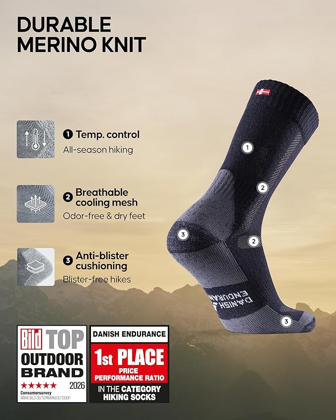 DANISH ENDURANCE Merino Wool Hiking Crew Socks for Men & Women, Cushioned Anti-Blister, Breathable - 3 Pairs