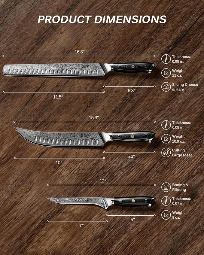 KYOKU Knife Set, Shogun Gin Series 3pc Japanese Style Kitchen Knife Set for Cooking, 7" Boning 12" Slicing 10" Scimitar Knife with Silver Ion Blade Sheath Gift Box, Damascus Stainless Steel Knives