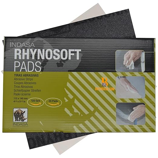 Indasa Rhynosoft Foam Sanding Pads - 4.5" x 5.5",Hook and Loop, 120 Grit, Plusline, Flexible, Tear-Resistant, Ideal for Automotive, Wood, & Finishing (Pack of 20 Pads)