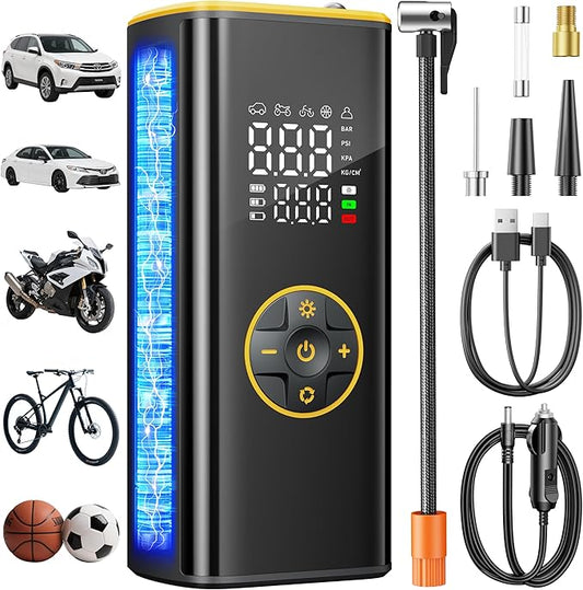 Tire Inflator Portable Air Compressor 5 in 1 Cordless Smart Pump with Tire Pressure Gauge 150PSI and LED Lights for Cars Bikes Motorcycle Balls Custom Mode Inflatables Yellow Black