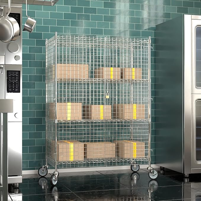 Commercial Grade NSF Listed Metal Wire Mesh Storage Chrome Mobile Security Cage Kit, 24" x 48" x 70", Perfect for Warehouse, Grocery Store, Restaurant, Dishroom