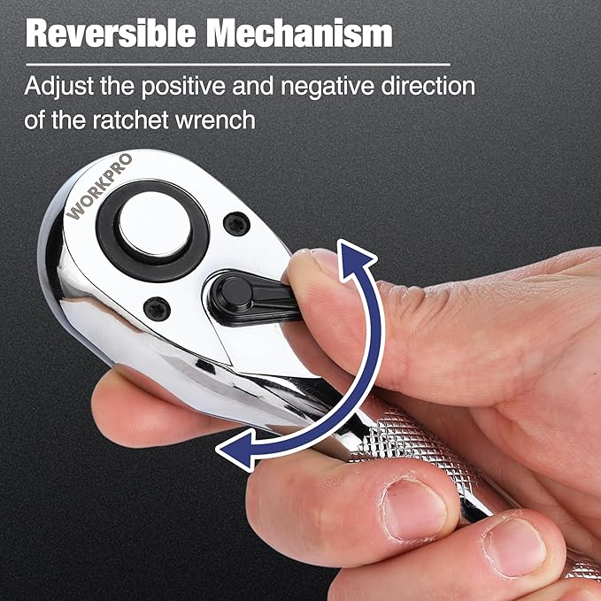 WORKPRO 3-Piece Stubby Ratchet Set, Quick Release Reversible, 1/4", 3/8", 1/2" Drive Mini Ratchet Handles, Chrome Alloy Made, CR-MO Head, 72-Tooth, Full Polished