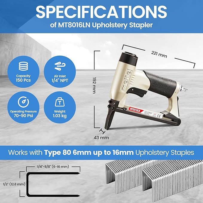 meite Upholstery Staple Gun with Extended Nose for 21 Gauge 1/2-Inch Crown Staples, Heavy-Duty Pneumatic Stapler for Woodworking, Carpentry, and Decoration DIY Projects (Model MT8016LN)