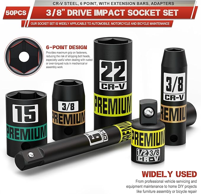 3/8" Drive Impact Socket Set, 50-Piece Standard SAE 5/16 to 3/4 inch and Metric 8-22mm, Cr-V Steel, 6 Point, with Extension Bars and Adapters, for Impact Wrenches, Automotive and Home