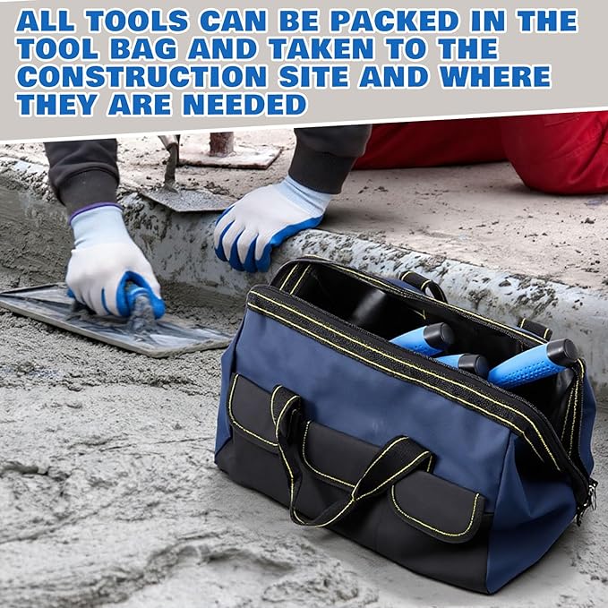 18 Pcs Masonry Hand Tool Set in Tool Bag Includes 6 Pcs Trowel Set Wooden Sanding Board Stainless Steel Putty Knife Brush Rebar Hook Masonry Kit Rubber Gloves Construction Wire(Blue)