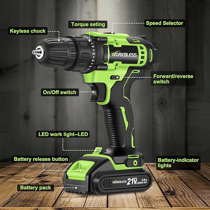 WORKBLESS 21V Power Drill Set, Cordless Drill with Battery and Charger, 3/8'' Keyless Chuck, Variable Speed, 18+1 Torque Setting and 28pcs Drilling/Driver Bits Tool Set(Green)