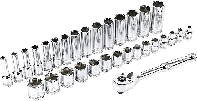 ARES 47004-32-Piece 3/8-inch Drive Metric Socket and 90-Tooth Ratchet Set with Magnetic Organizer - Sizes 6mm to 20mm Deep and Shallow Sockets